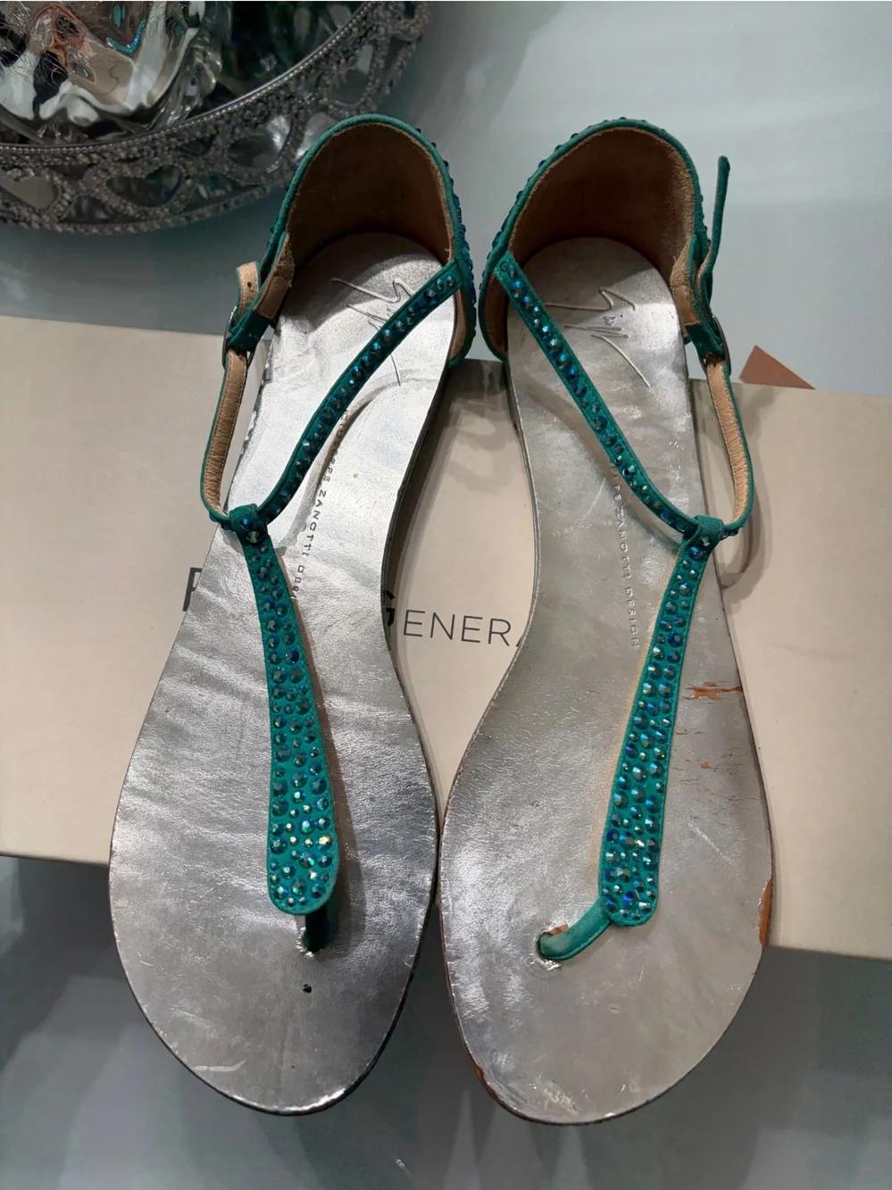 Giuseppe Zanotti Teal Crystal T-Strap Sandals 41